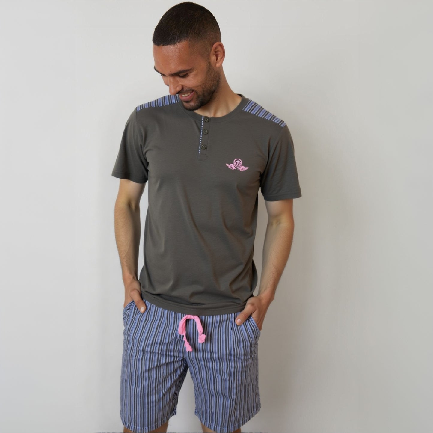 Ensemble Pyjama Homme – T-shirt Boutonné & Short Rayé (Tress)