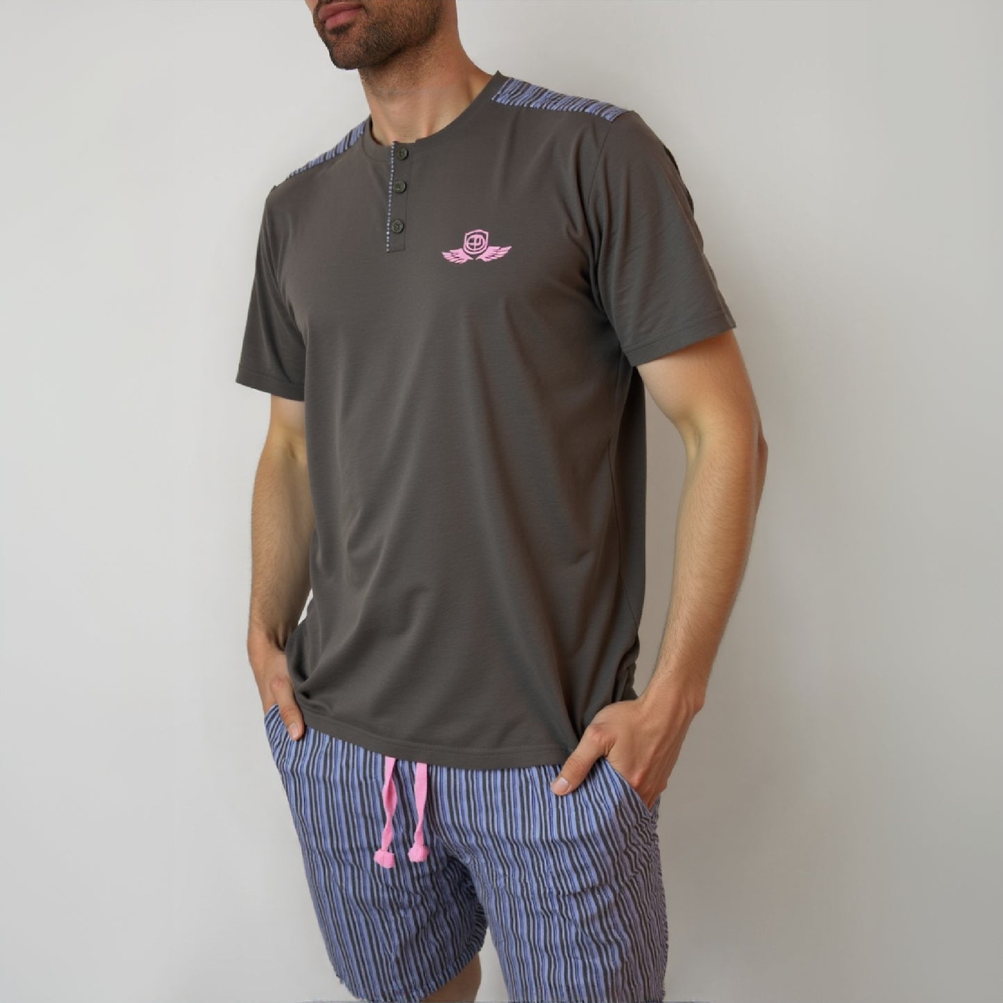 Ensemble Pyjama Homme – T-shirt Boutonné & Short Rayé (Tress)