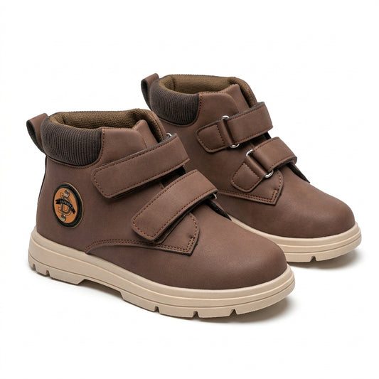 Paire de bottines garçon à double scratch marron, col tricot chocolat – BOMBAS Maroc