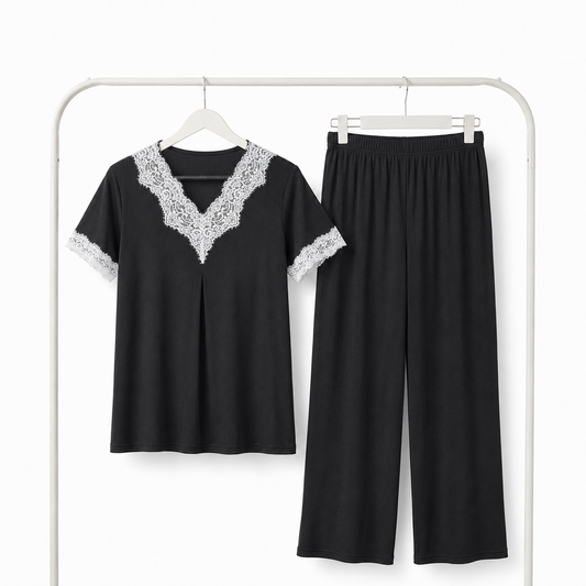 Pyjama Bombas femme noir dentelle ensemble complet haut et pantalon - Bombas Maroc, livraison à domicile