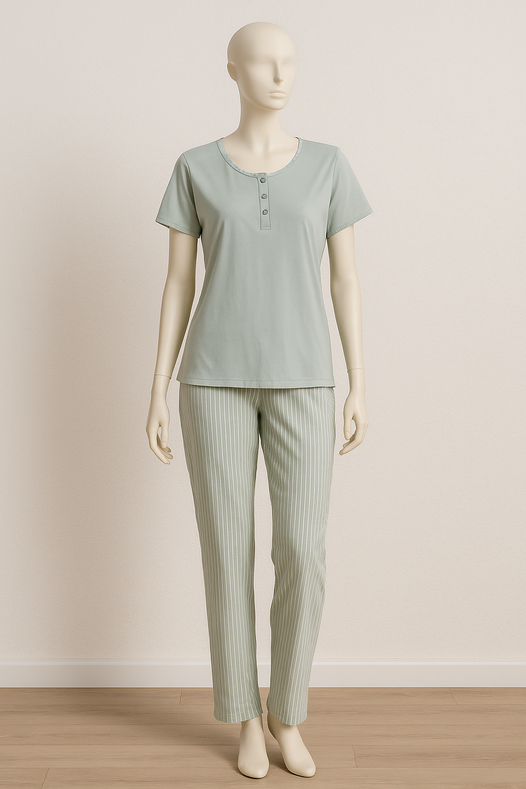 Pyjama Femme Confort Élégant – Vert Sauge Rayé ( PG257031)