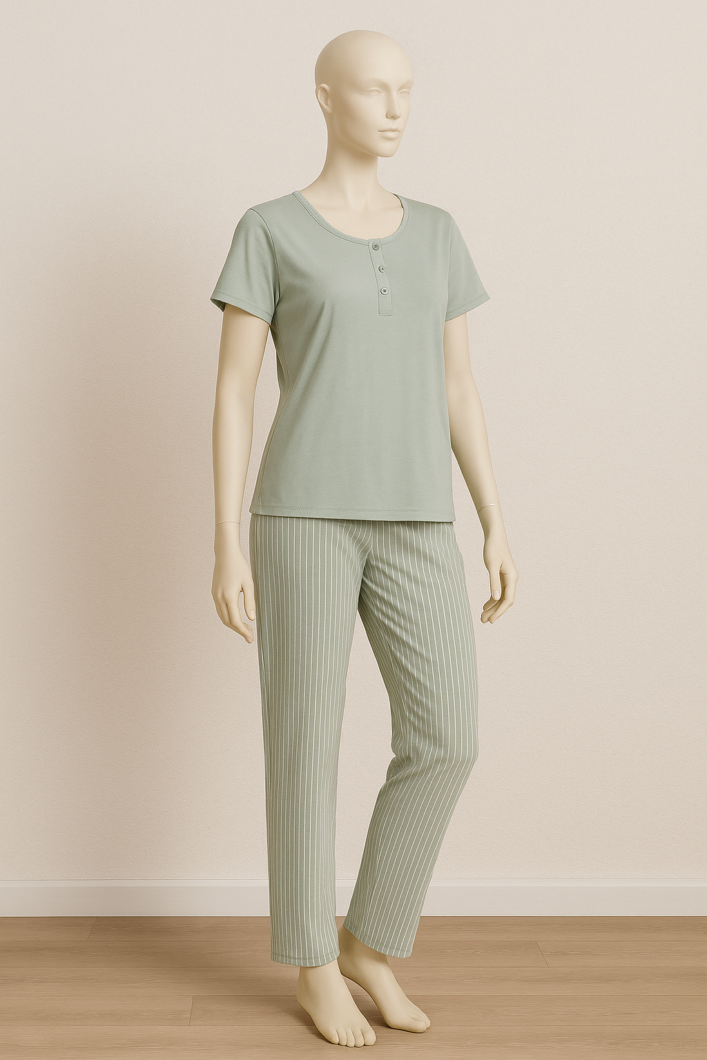 Pyjama Femme Confort Élégant – Vert Sauge Rayé ( PG257031)