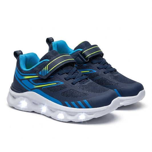 Paire de baskets garçon lumineuses LED à scratch bleu marine, bleu et jaune fluo – BOMBAS Maroc