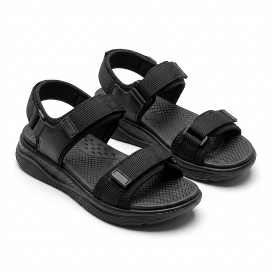 Sandales sport homme noires doubles brides importées d'Espagne – vue 3/4 sur fond blanc – BOMBAS Maroc, livraison à domicile (COD)