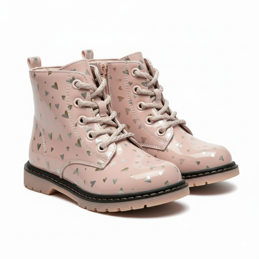 Bottines fille roses motifs cœurs vue de face – Bombas Maroc