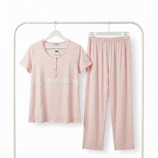 Pyjama femme rose clair à pois avec dentelle et pantalon – ensemble confortable Maroc