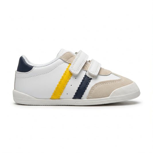 Basket enfant double scratch importée d’Espagne blanc beige jaune et bleu marine – vue de profil