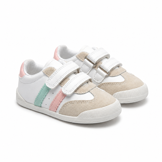 Baskets enfant double scratch blanc beige rose sur fond blanc – Maroc