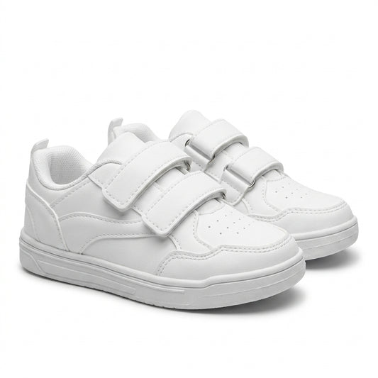 Baskets enfant unisexes à double scratch blanches – vue trois-quarts