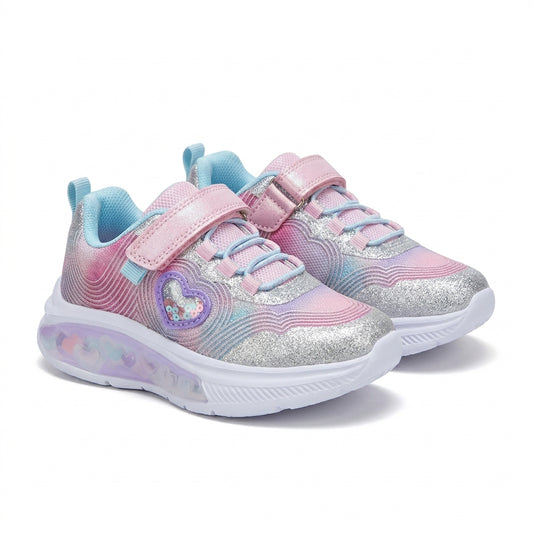 Baskets fille Bubble Kids pailletées rose, argenté et turquoise avec cœur à sequins, paire vue trois-quarts – Bombas Maroc