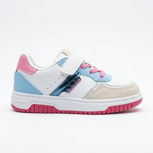 Basket fille pastel à éclair métallisé et semelle fuchsia, vue de profil – importée d'Espagne
