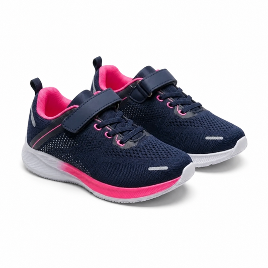 Baskets fille running bleu marine et fuchsia en maille tricotée importées d’Espagne – vue 3/4 sur fond blanc – scratch et lacets élastiques – pointures 27 au 38 – BOMBAS Maroc, livraison à domicile (COD)
