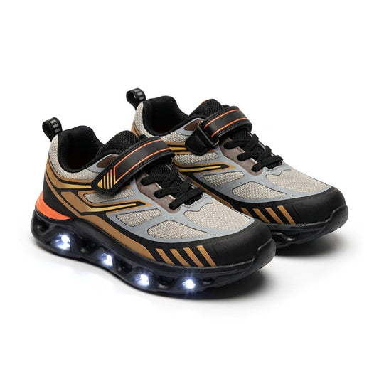 Paire de baskets garçon lumineuses LED à scratch noir, camel et orange – BOMBAS Maroc