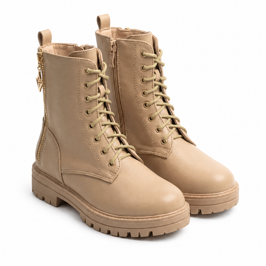 Bottines femme beige au Maroc avec lacets et fermeture zip – vue de côté