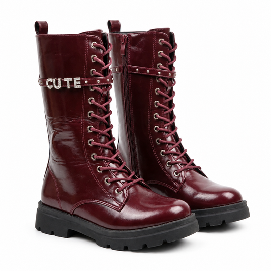 Bottes fille combat chic cuir bordeaux vue 1 – Bombas Maroc