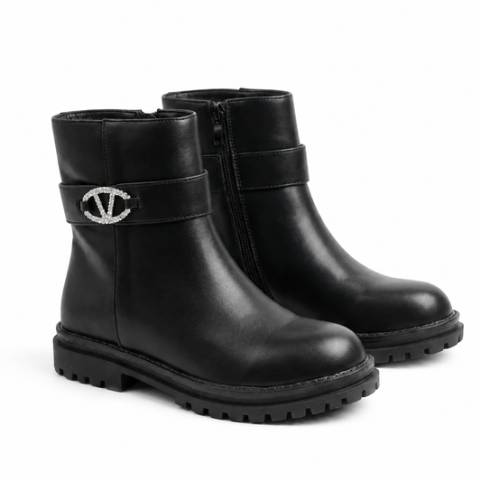 Bottines fille noires à boucle strass argentée, importées d’Espagne - Bombas Maroc