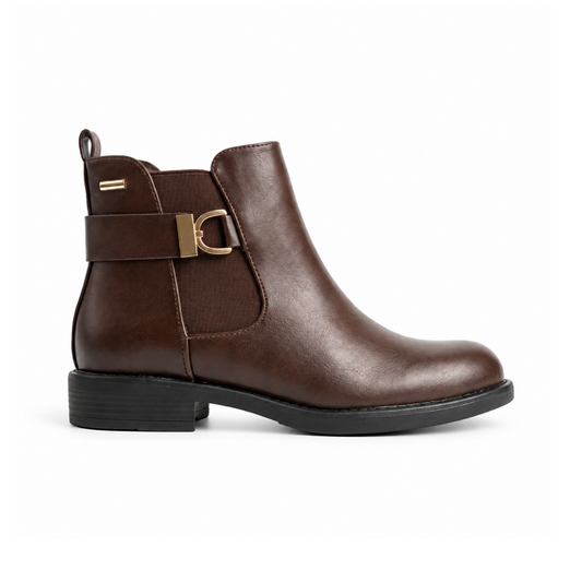 Bottine Chelsea femme marron chocolat vue de profil, bride à boucle dorée et élastique – Bombas Maroc