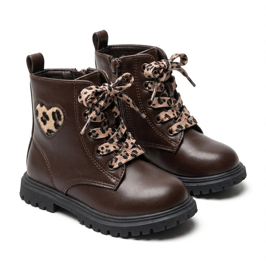Paire de bottines bébé fille marron à lacets léopard et cœur léopard – BOMBAS Maroc