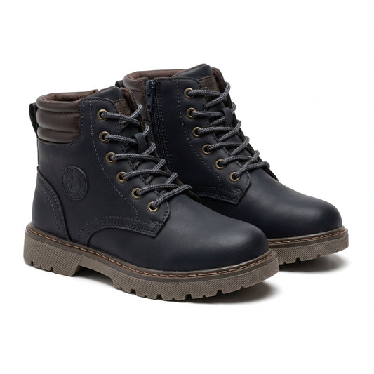 Paire de bottines enfant bleu marine à lacets et zip latéral, vue trois-quarts – chaussures enfant Maroc