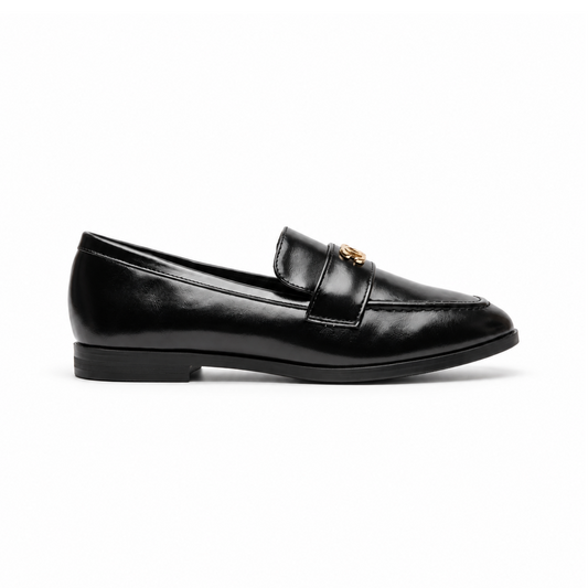 Mocassins femme noir à ornement doré – vue de profil