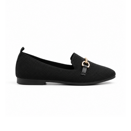 Mocassin femme noir en maille vu de profil, mors doré sur l’empeigne – Bombas Maroc