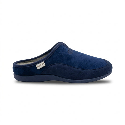 Pantoufles homme PANMODA bleu marine aspect velours Made in Spain, vue profil – Bombas Maroc