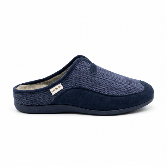 Pantoufles homme PANMODA bleu marine fabriquées en Espagne, vue latérale – Bombas Maroc
