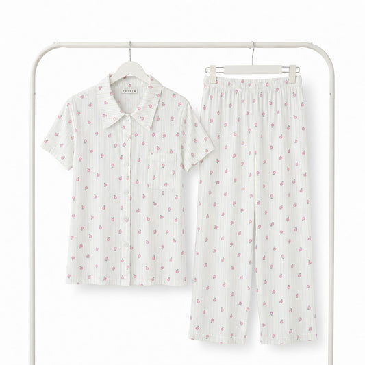Pyjama femme fleuri rose romantique ensemble complet haut et pantalon - Bombas Maroc, livraison à domicile