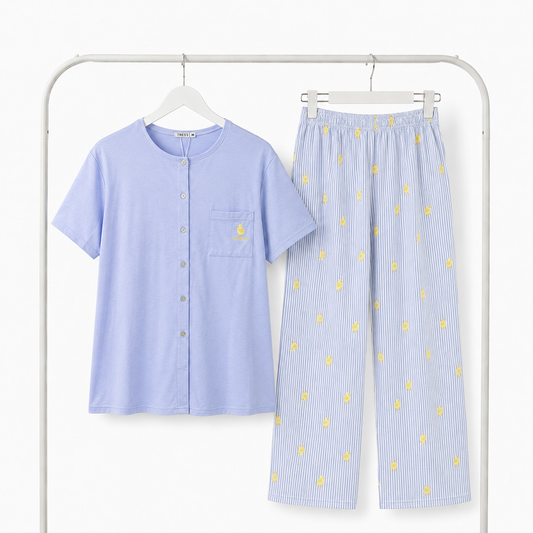 Pyjama Bombas femme bleu lavande poussin TRESS ensemble complet haut boutonné et pantalon rayé - Bombas Maroc