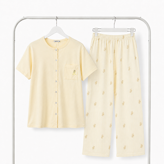 Pyjama Bombas femme jaune poussin TRESS ensemble complet haut boutonné et pantalon rayé - Bombas Maroc