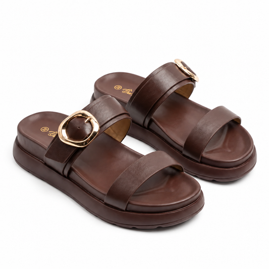 Sandales femme marron chocolat double bride boucle dorée vue 3/4 - Bombas Maroc, livraison à domicile