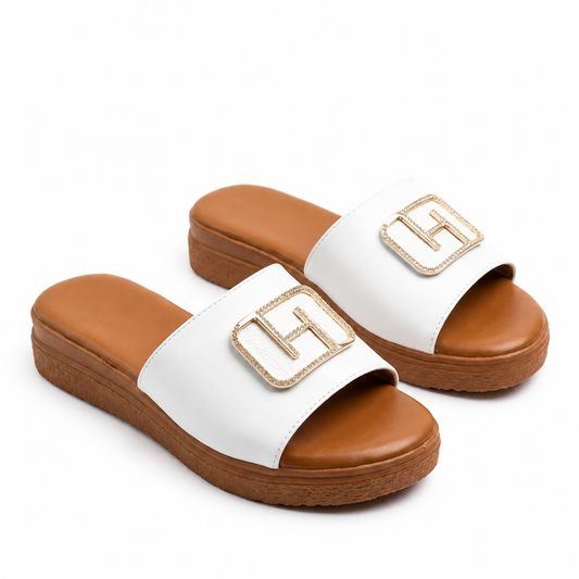 Sandales femme Feebit.er blanches boucle dorée strass vue 3/4 - Bombas Maroc, livraison à domicile