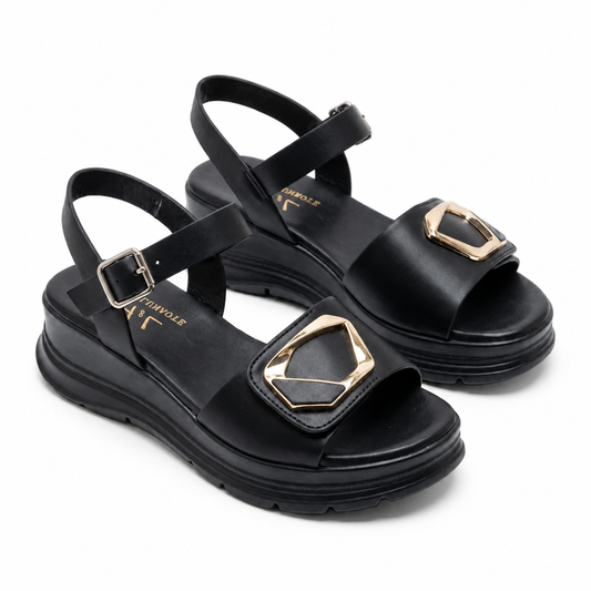 Sandales compensées femme H&L noires vue 3/4 boucle dorée - Bombas Maroc, livraison à domicile