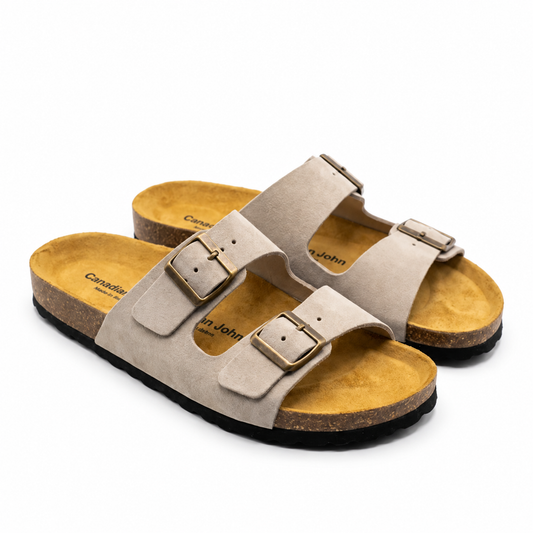 Sandales homme Canadian John daim taupe double bride boucles bronze vue 3/4 - Bombas Maroc