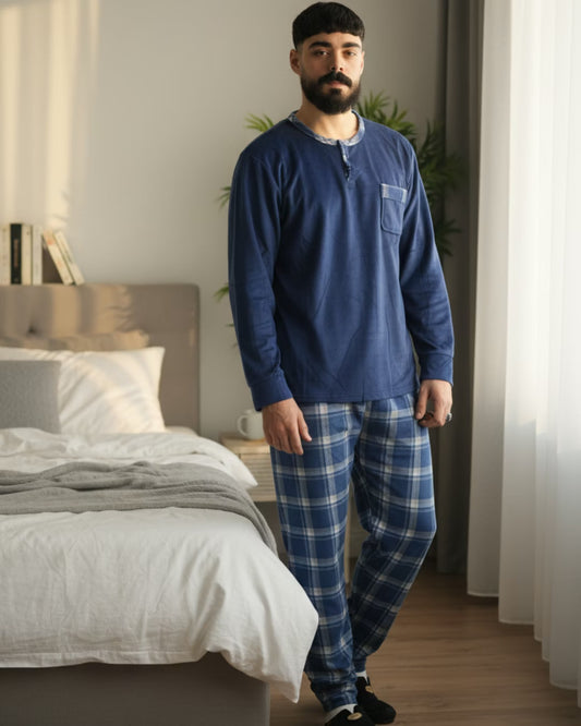 Pyjama Homme Hiver Velours Bleu Nuit & Carreaux – Bombas Maroc