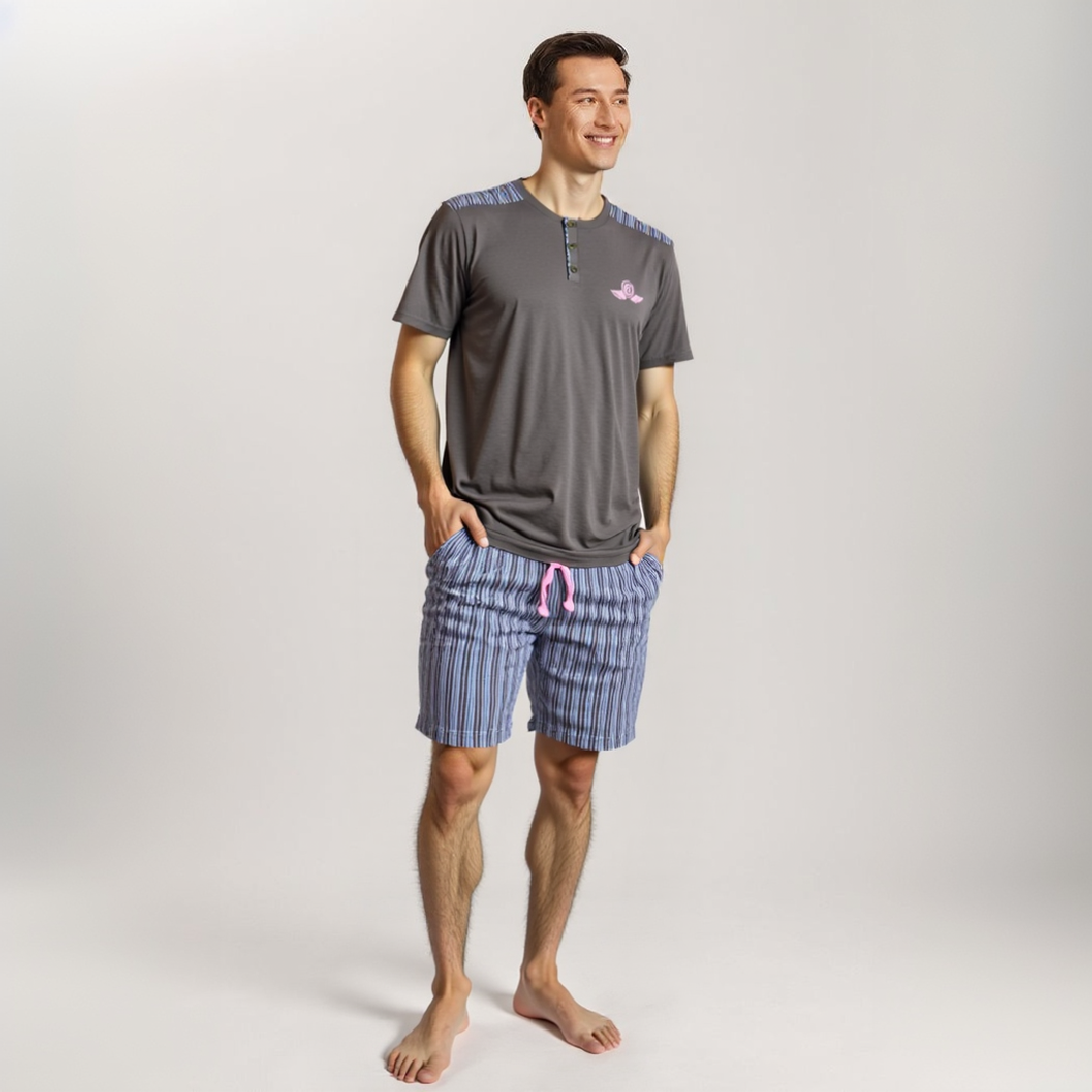 Ensemble Pyjama Homme – T-shirt Boutonné & Short Rayé (Tress)