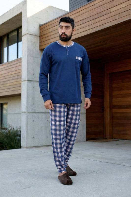 Pyjama homme hiver bleu marine et carreaux confort Maroc