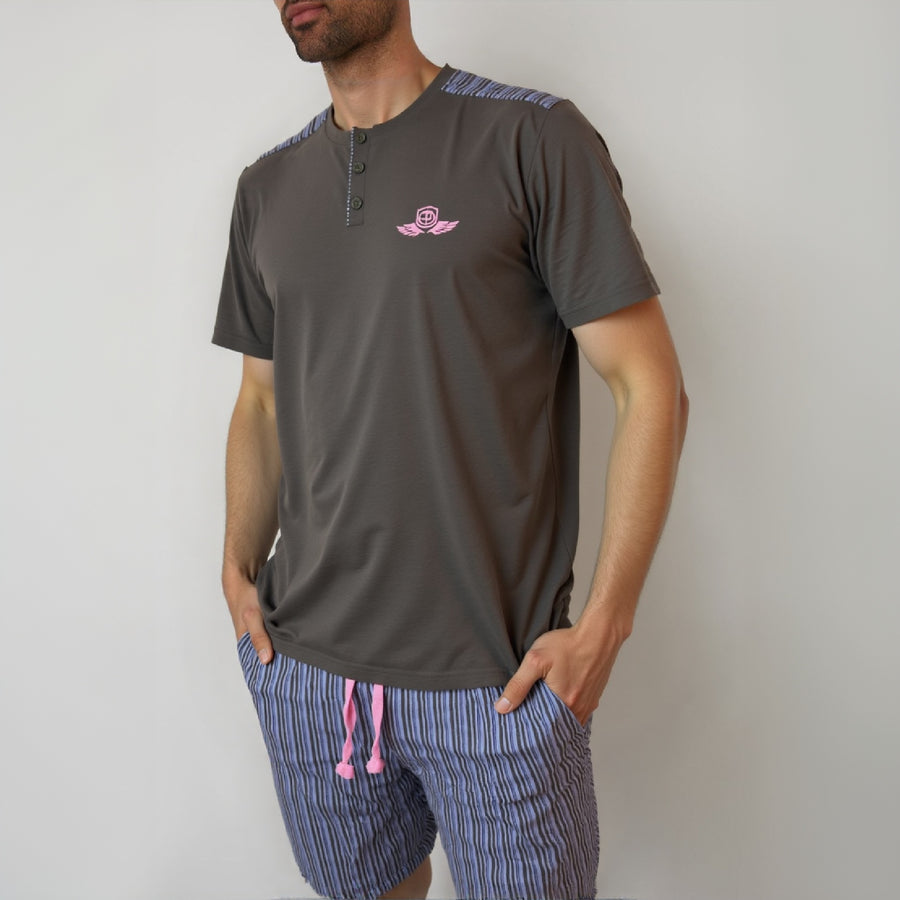 Ensemble Pyjama Homme – T-shirt Boutonné & Short Rayé (Tress)