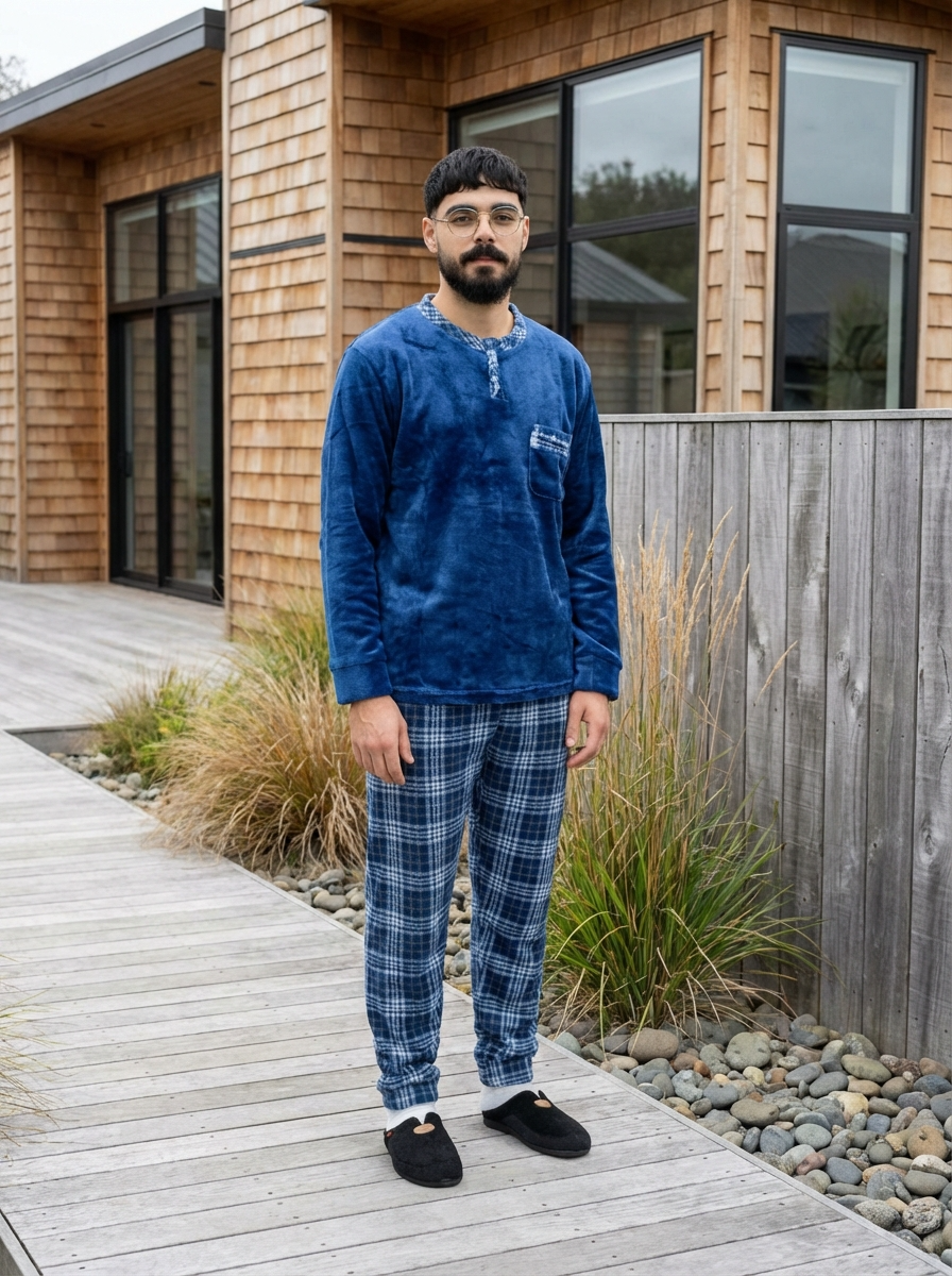 Pyjama Homme Hiver Velours Bleu Marine & Carreaux – Importé d’Espagne (KF 46)