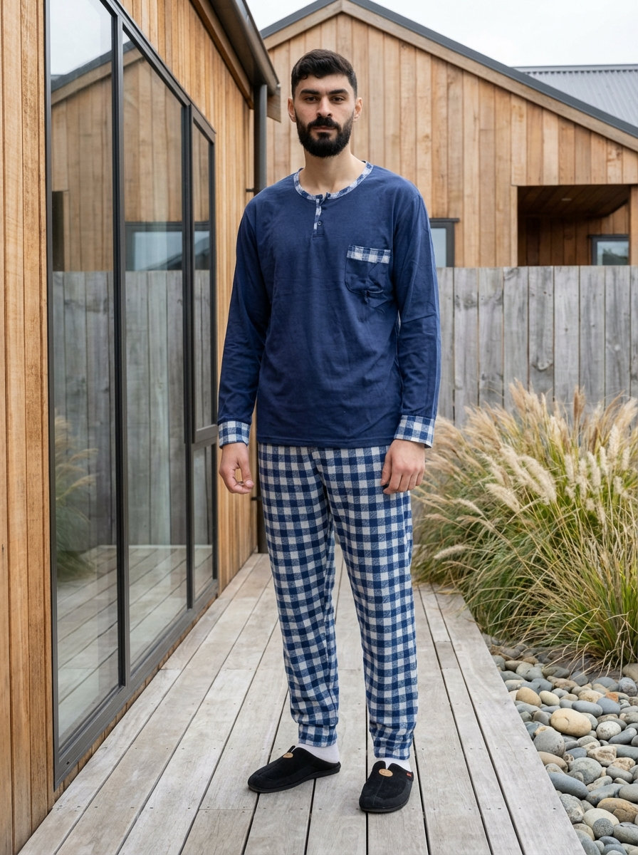 Pyjama Homme Hiver Velours Bleu Roi & Carreaux Grands – Importé d’Espagne - (KF 34)
