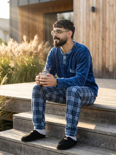 Pyjama Homme Hiver Velours Bleu Marine & Carreaux – Importé d’Espagne (KF 46)