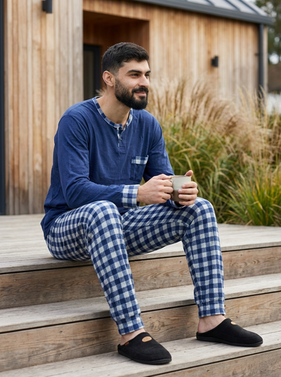 Pyjama Homme Hiver Velours Bleu Roi & Carreaux Grands – Importé d’Espagne - (KF 34)