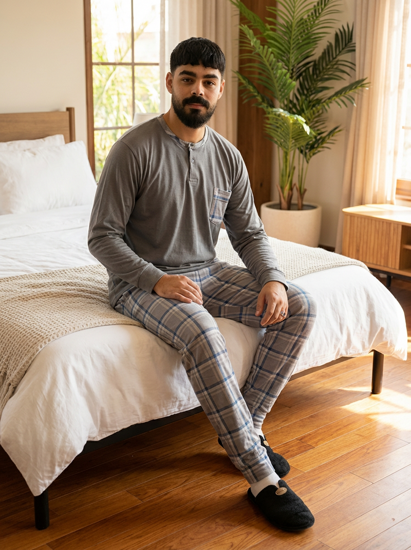 Pyjama Homme Hiver Velours Gris & Carreaux – Importé d’Espagne (KF 36)