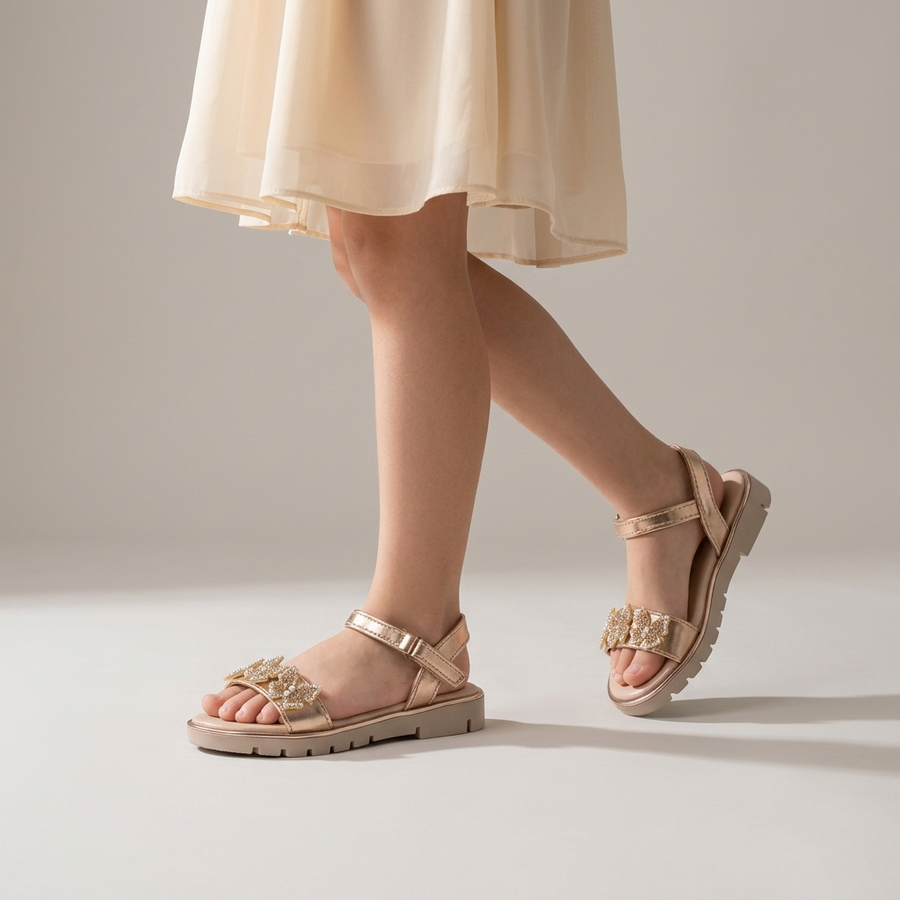 Sandales Fille Oré Métallisé Papillons Strass – Semelle Plateforme – Importées d’Espagne 🇪🇸