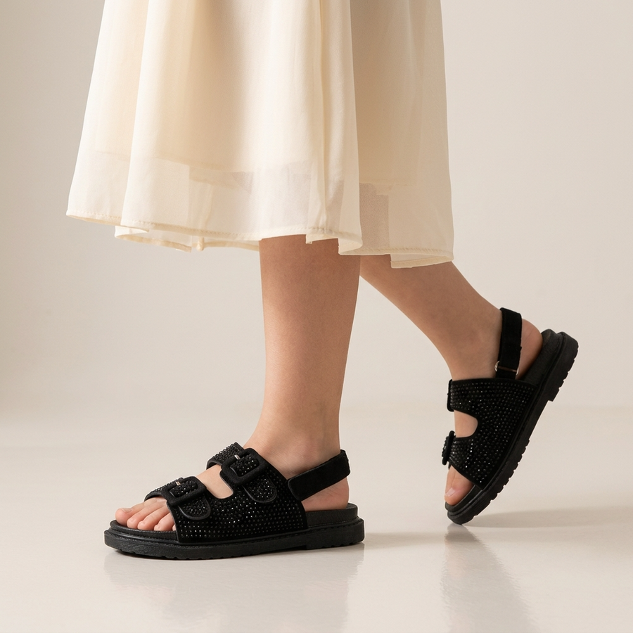 Sandales Fille Noir Strass – Bride Arrière – Importées d'Espagne 🇪🇸