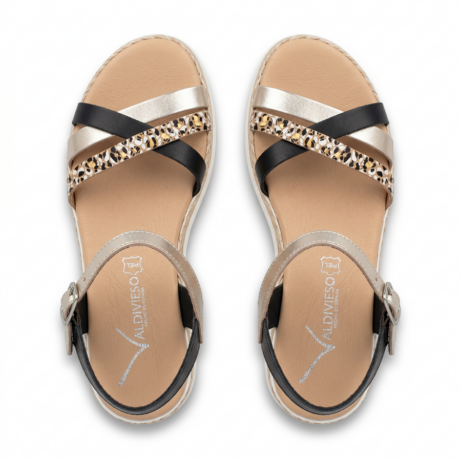 Sandale Femme VALDIVIESO – Fabriquées en Espagne 🇪🇸 – Léopard Noir Or