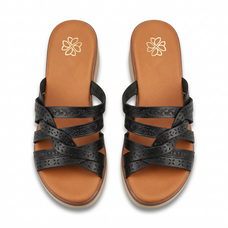 Sandales Femme Tressées Multi-Brides Noir – Semelle Compensée Perforée – Importées d'Espagne 🇪🇸