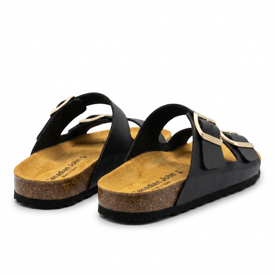 Sandales Canadian John pour Femme – Noir Double Bride à Boucles Dorées – Made in Spain 🇪🇸