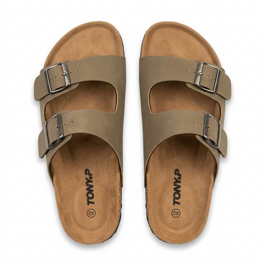 Sandales Homme Doubles Brides à Boucles Métalliques – Importées d’Espagne 🇪🇸 – Beige