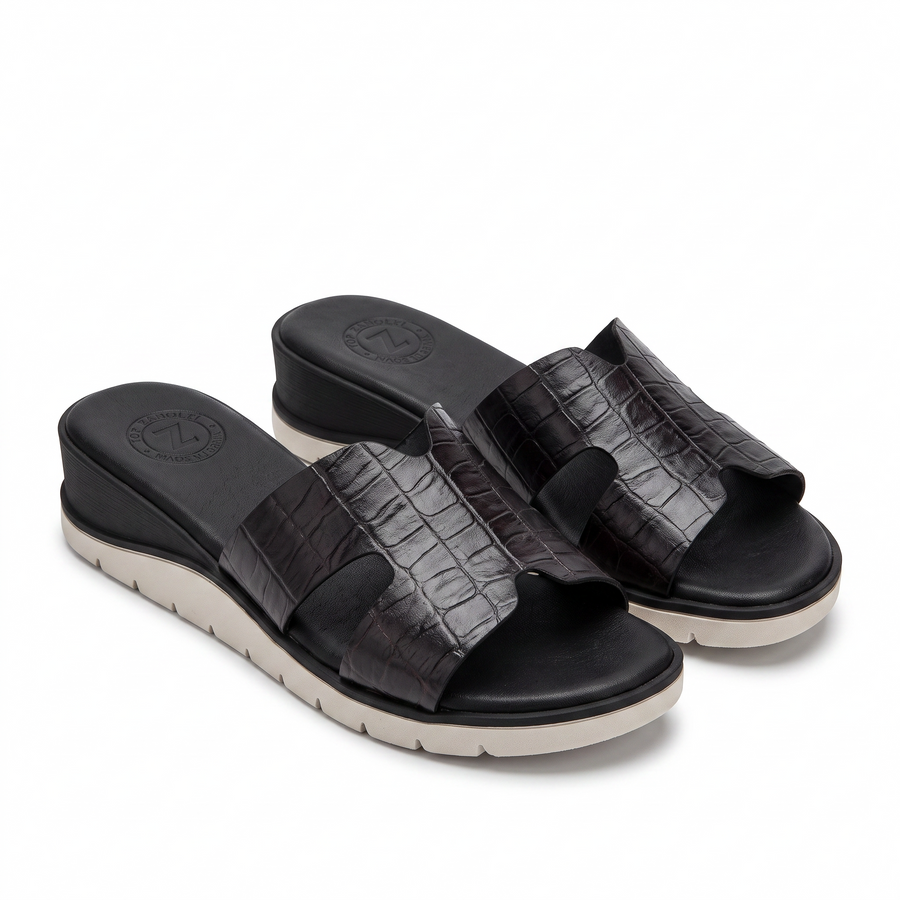 Claquette Femme Luxe Cuir Croco Bride H - Top Zanelli Made in Spain 🇪🇸 - Noir
